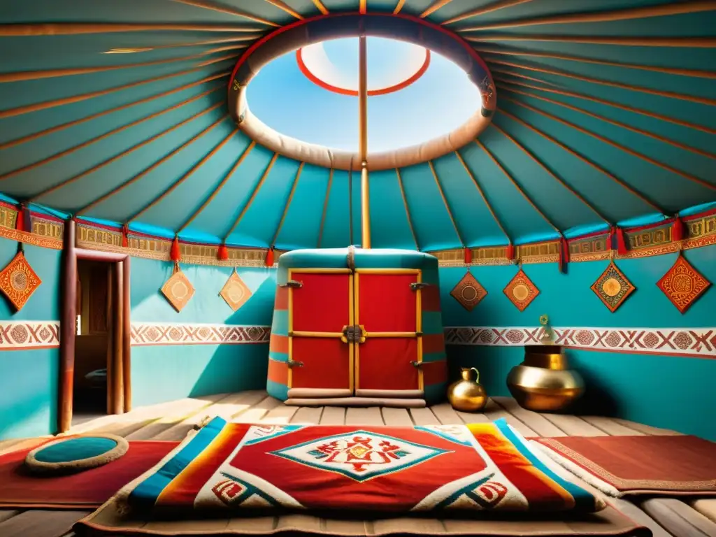 Detalles impresionantes de una yurta mongola Una yurta mongola tradicional con intrincados diseños pintados a mano, familia reunida alrededor de un hogar central