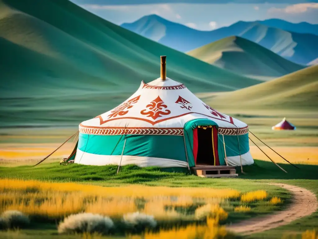 Yurta mongola en la estepa: legado cultural y espiritual Yurta mongol tradicional con legado espiritual Imperio Mongol contemporáneo en la vasta estepa mongola