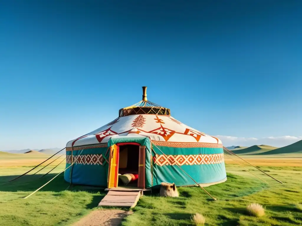 Una yurta mongola tradicional rodeada de caballos en la estepa, evocando la riqueza cultural de las influencias artísticas en conquistas mongolas