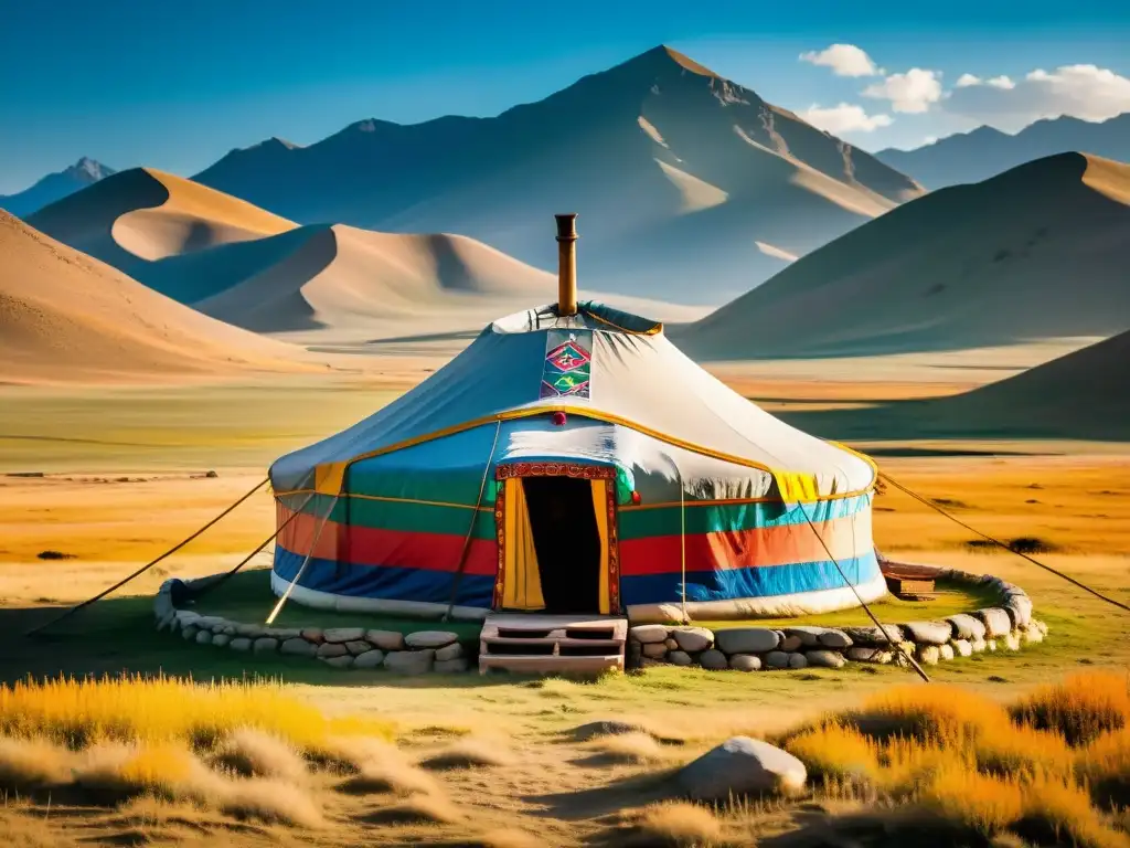 Una yurta mongola tradicional con símbolos religiosos y banderas de oración en la estepa, capturando el sincretismo religioso en territorios mongoles