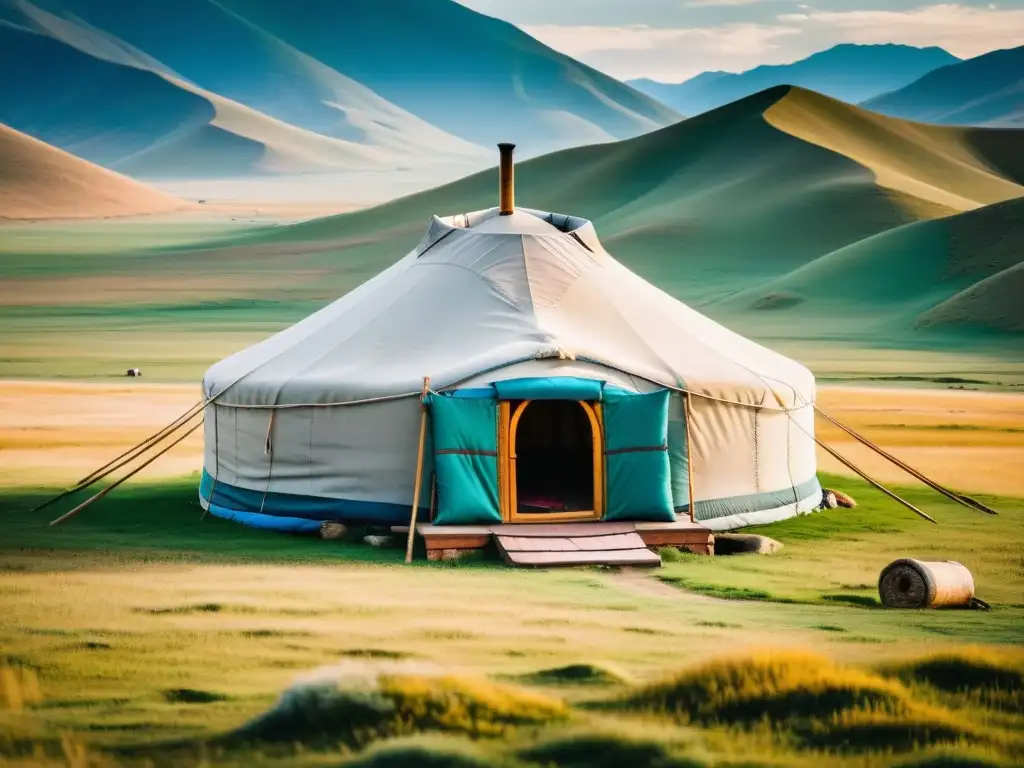 Una yurta mongola tradicional en la vasta estepa de Mongolia, evocando la belleza salvaje del país