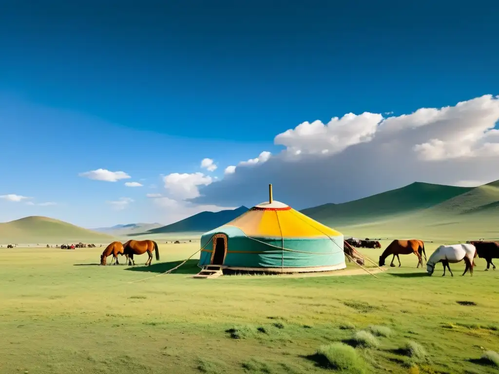 Una yurta mongola tradicional en la vasta estepa, rodeada de caballos y pastores nómadas, capturando el legado cultural mongol curso online