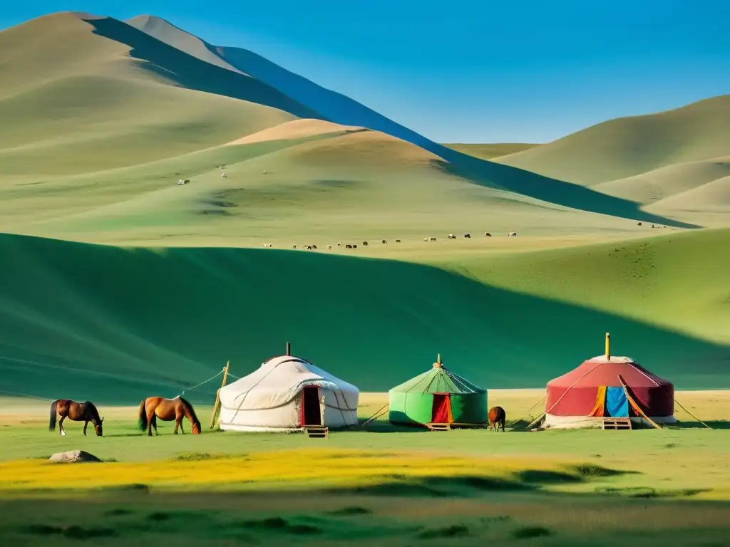 Tranquila escena de la estepa mongola con una familia nómada y su ger, en la mejor época para viajar a Mongolia