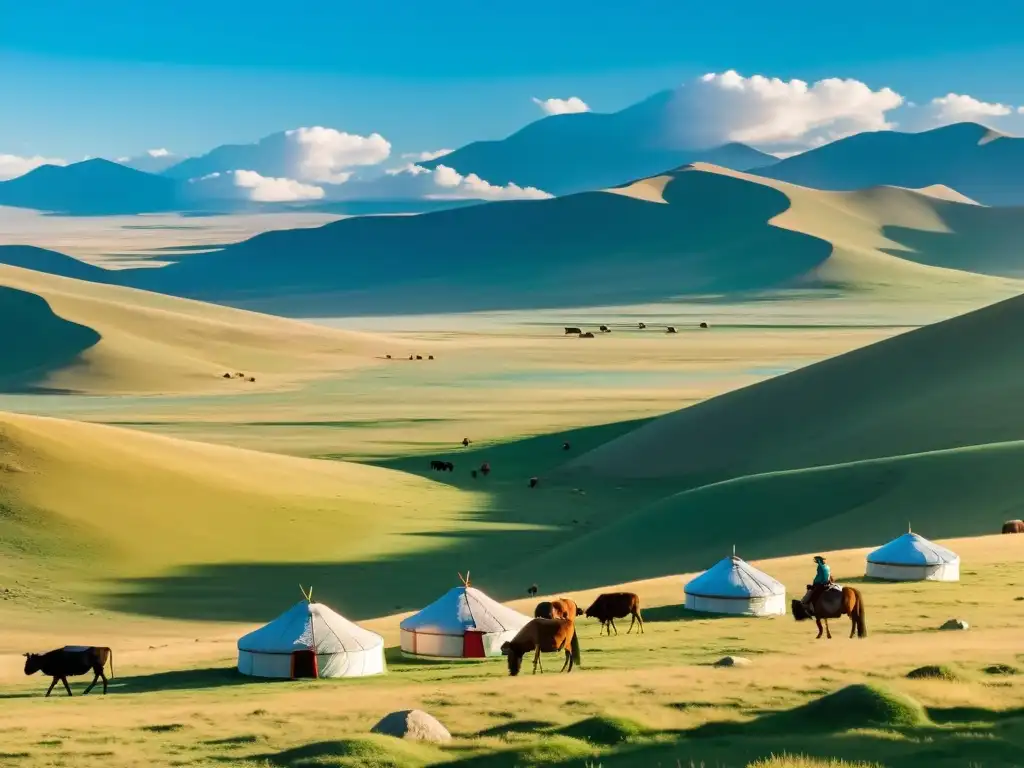 Tranquilo atardecer en la estepa mongola, hermosa estructura social nómada del imperio mongol