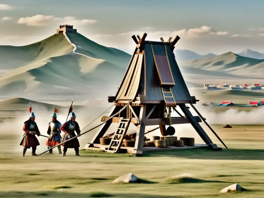 Un trebuchet mongol se prepara para el ataque, rodeado de soldados y un paisaje de asedio