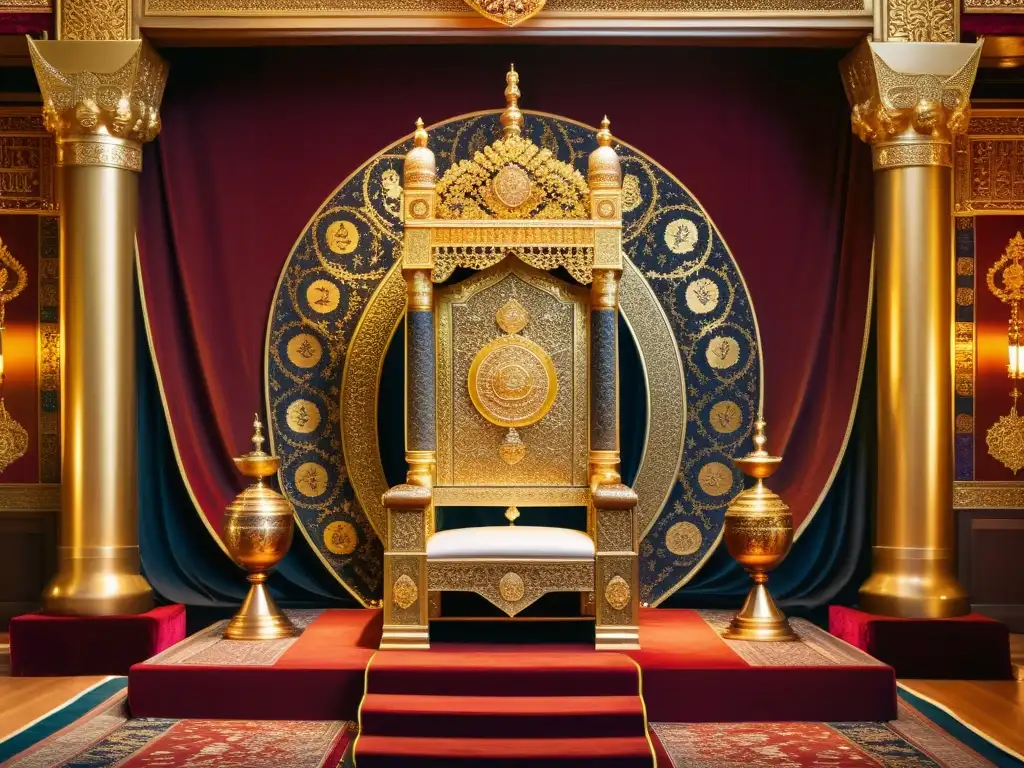 Trono dorado con decoraciones elegantes, cortesanos rindiendo homenaje al poderoso Ögedei Khan, en una sala majestuosa iluminada en tonos dorados