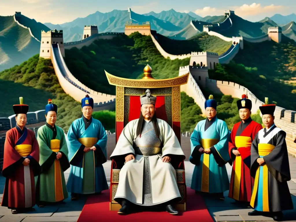 Kublai Khan en su trono rodeado de cortesanos, con la Gran Muralla China al fondo, ilustrando las conquistas del Imperio Mongol