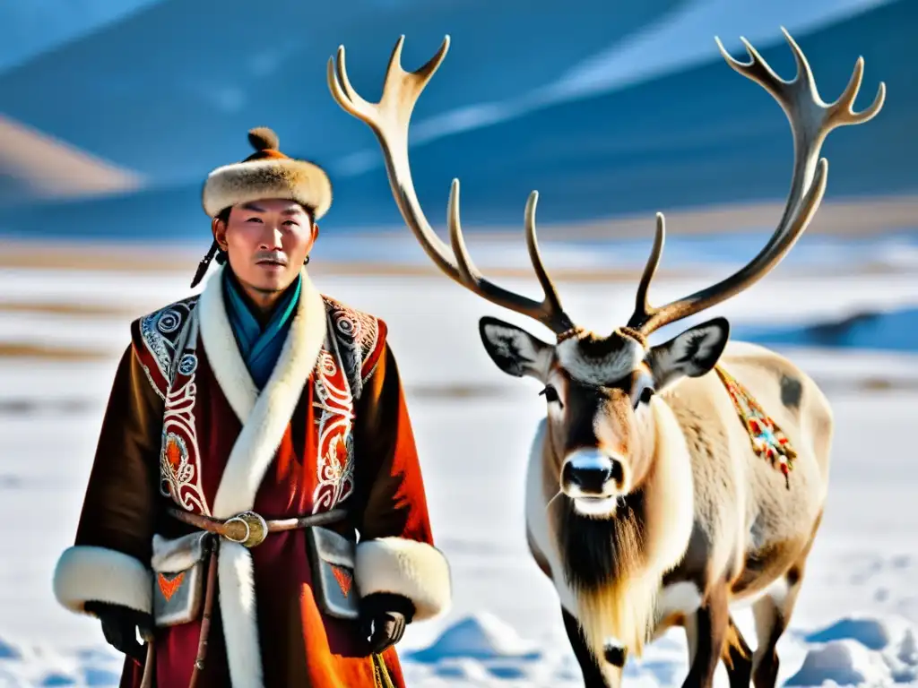 Un Tsaatan nómada y su majestuoso reno en la nevada Mongolia, conectando con su ancestral cultura y tradiciones