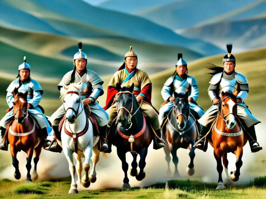 Kaidu Khan último desafiante imperio: líder mongol cabalga con guerreros por la estepa, desafiando el control de Kublai