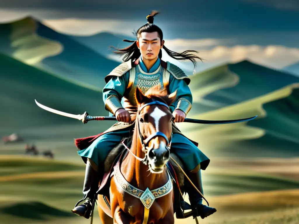 Guerrero mongol en armadura y arco Un valeroso guerrero mongol cabalga con determinación en un paisaje épico