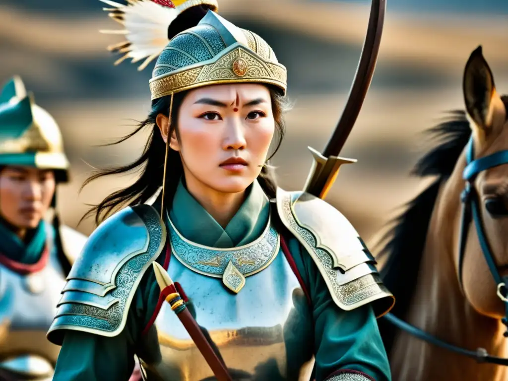 Una valiente guerrera del Imperio Mongol, liderando soldados en batalla