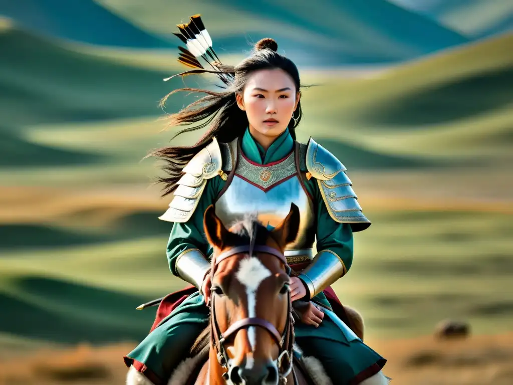 Una valiente guerrera mongol a caballo, con arco y mirada decidida, refleja el poder femenino en el Imperio Mongol