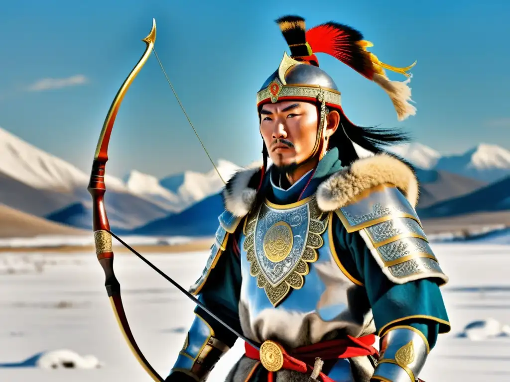 Guerrero mongol en armadura de batalla, listo para la guerra en la nieve Un valiente guerrero mongol en armadura de guerra, con arco y flechas, rodeado de soldados y un paisaje nevado