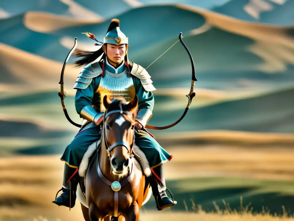 Guerrero mongol a caballo en la estepa Un valiente guerrero mongol a caballo, con armadura tradicional y un arco compuesto