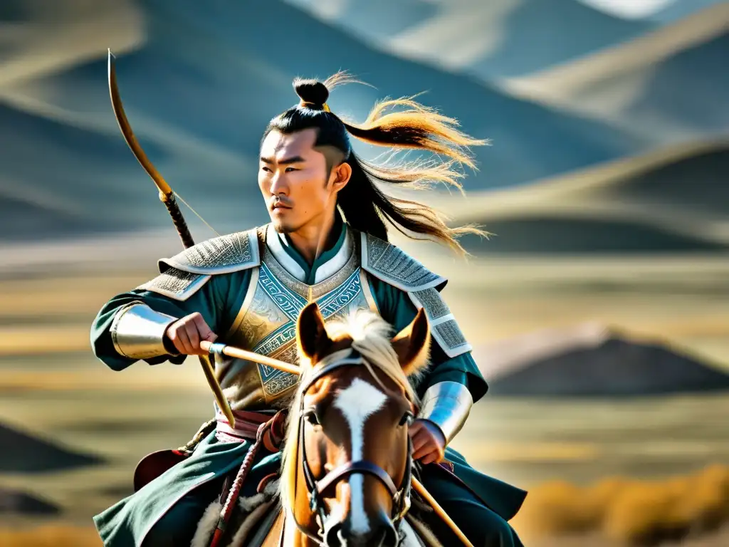 Guerrero mongol a caballo: determinación en la vasta estepa Un valiente guerrero mongol a caballo, con arco y flecha, en un paisaje vasto y salvaje