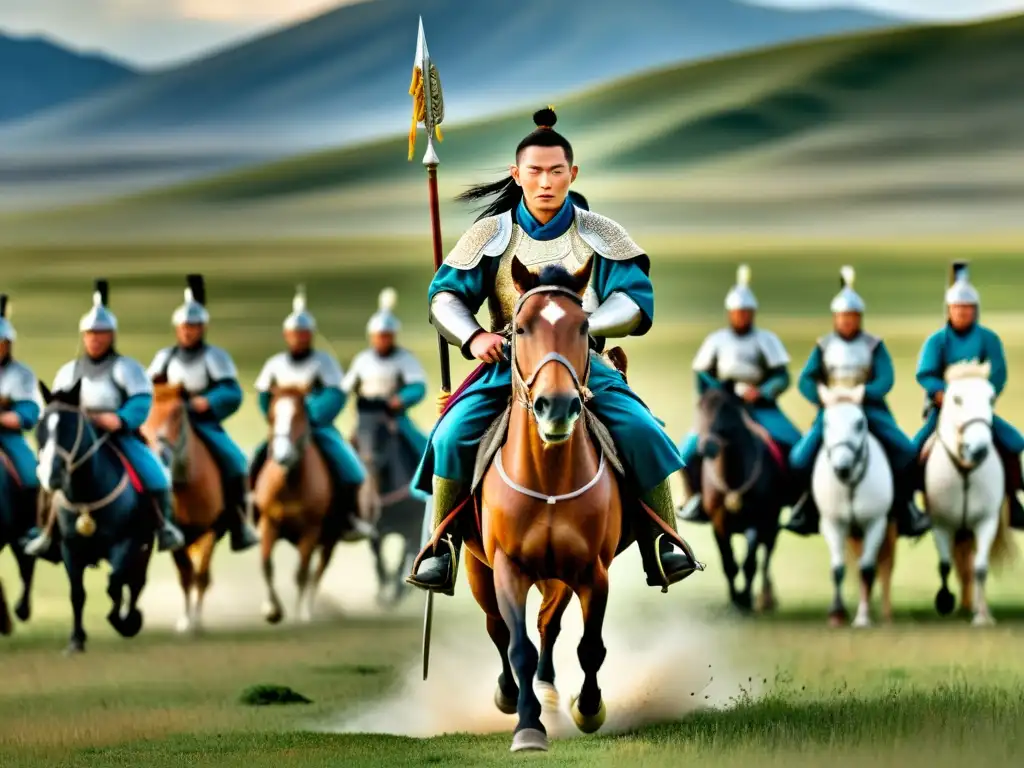 Un valiente guerrero mongol a caballo lidera a sus soldados a través de las vastas estepas, mostrando determinación y fuerza