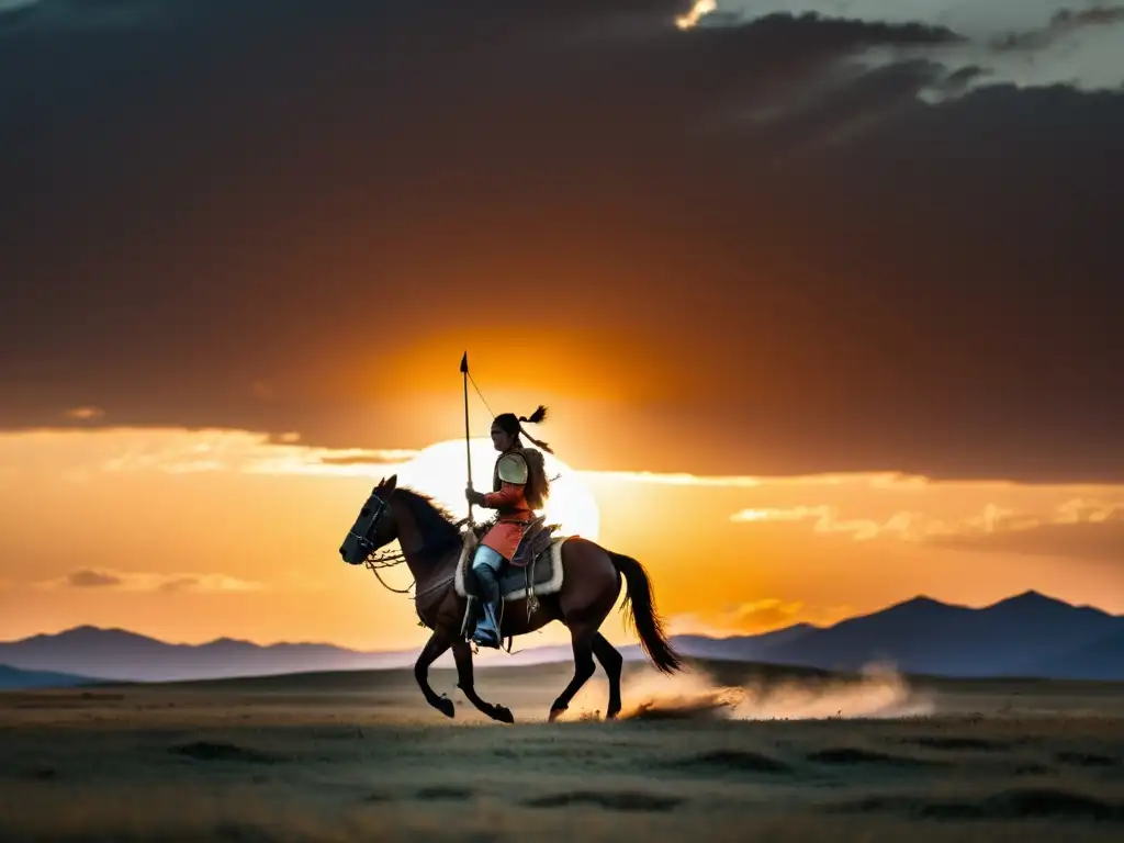 Un valiente guerrero nómada montado a caballo en la estepa mongola al atardecer, evocando la historia y folclore del Imperio Mongol