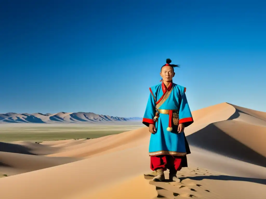 Un valiente nómada mongol con su rebaño en el vasto desierto de Gobi, reflejando la supervivencia en la cultura mongol