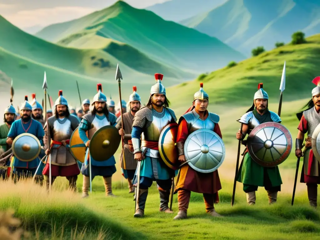 Batalla épica: Guerreros indios enfrentan la invasión mongol Valientes guerreros indios defendiendo su tierra contra las invasiones mongoles en India, con expresiones de determinación