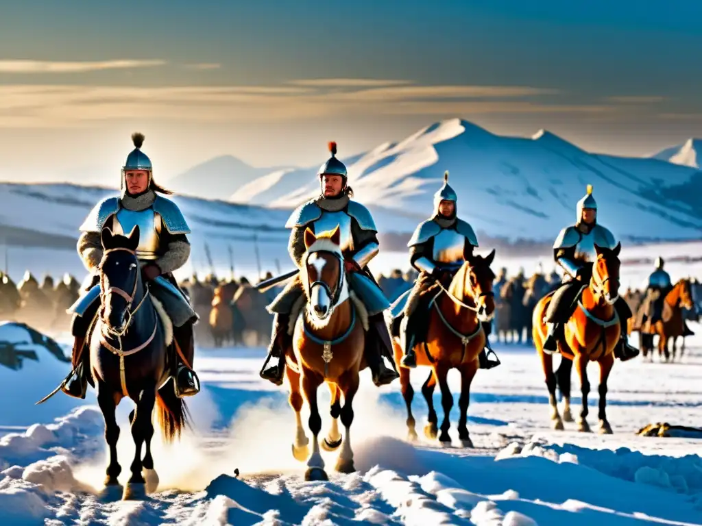 Valientes guerreros rusos desafían a los invasores mongoles en un campo nevado