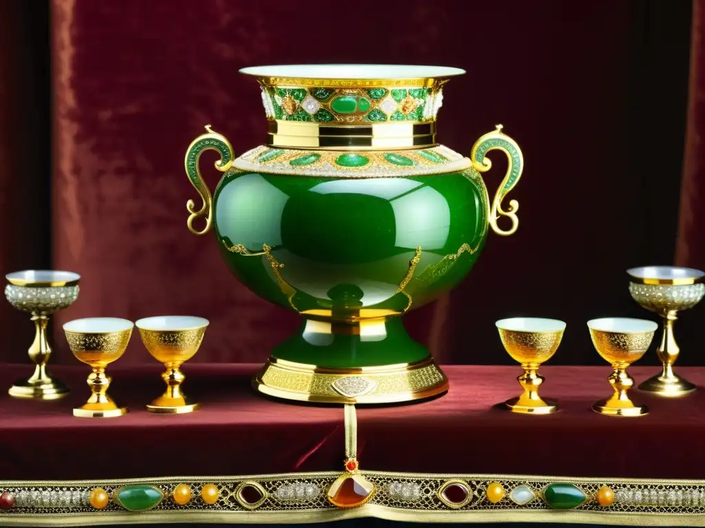 Vaso ceremonial de jade adornado con oro y piedras preciosas en banquete del Imperio Mongol