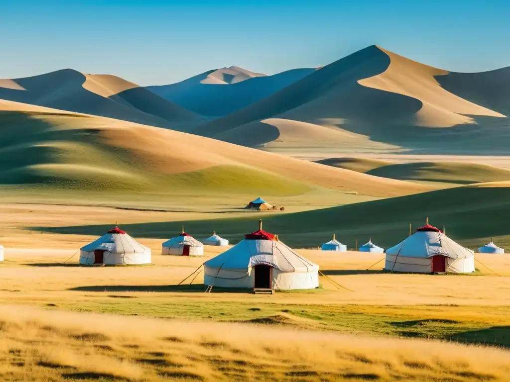 Una vasta y amplia estepa mongol con colinas ondulantes, hierba dorada y cielo azul