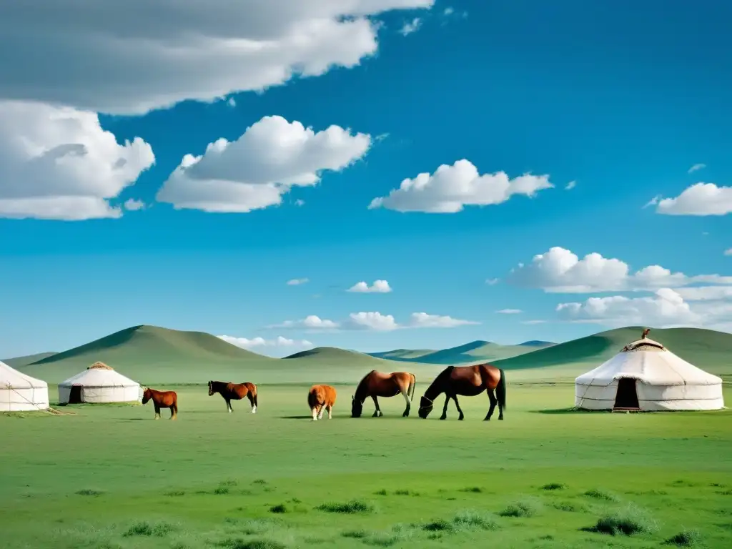 Vasta belleza de la estepa mongola con familia nómada y sus animales