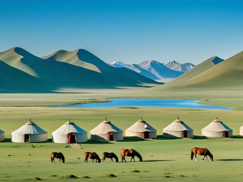 La vasta estepa mongola con yurtas y caballos, bajo un cielo azul y montañas al fondo, evoca la influencia del Padre de Genghis Khan