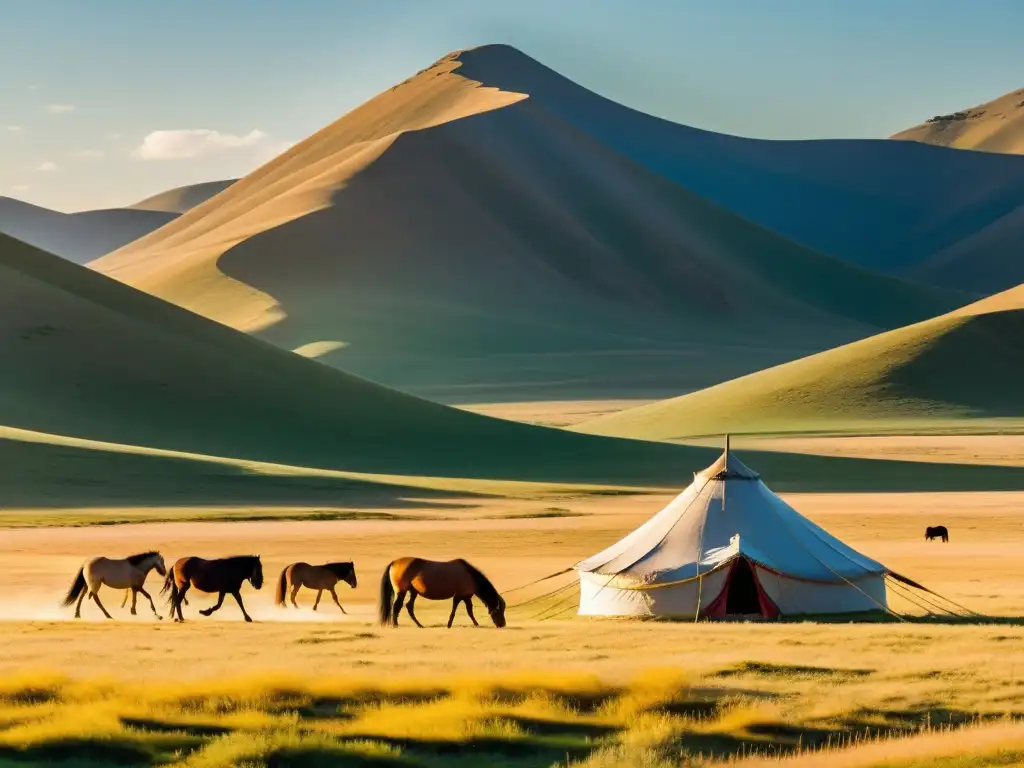 Una vasta estepa mongola con caballos pastando, un ger tradicional y la producción de la bebida nacional del Imperio Mongol