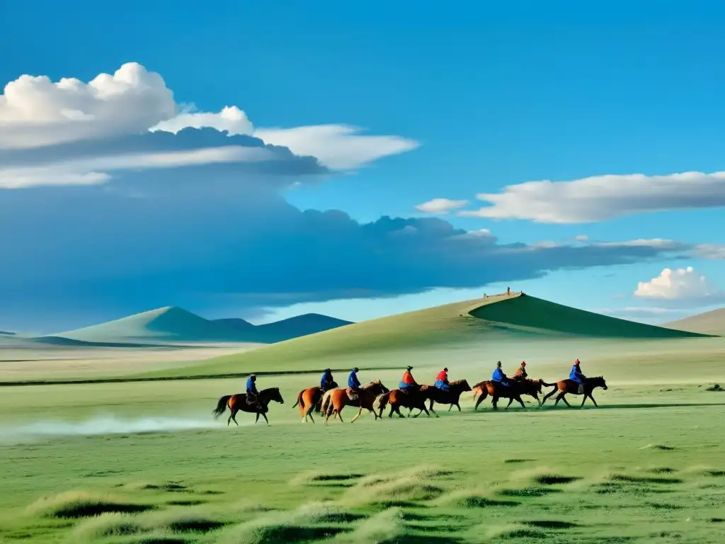 Vasta estepa mongola con yurtas, caballos y jinetes, reflejando el legado cultural e histórico del Imperio Mongol