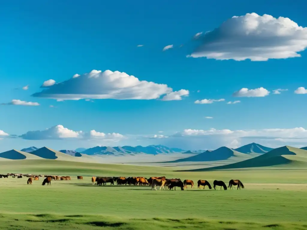 Vasta estepa mongola, con yurtas, caballos y montañas al fondo