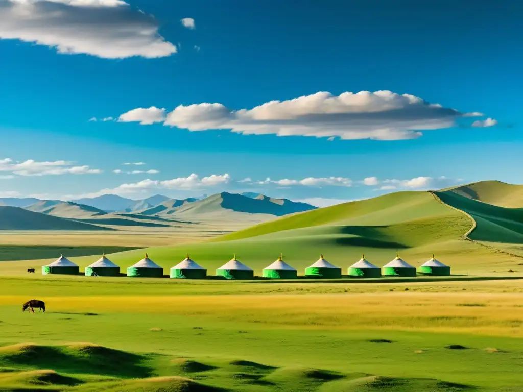 Vasta estepa mongola bajo el cielo azul eterno, con colinas verdes y doradas salpicadas de yurtas nómadas