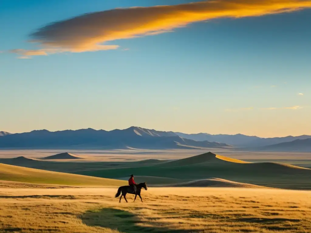 Vasta estepa mongola bajo cielo azul, jinete solitario en la distancia evoca la épica de Genghis Khan en el cine