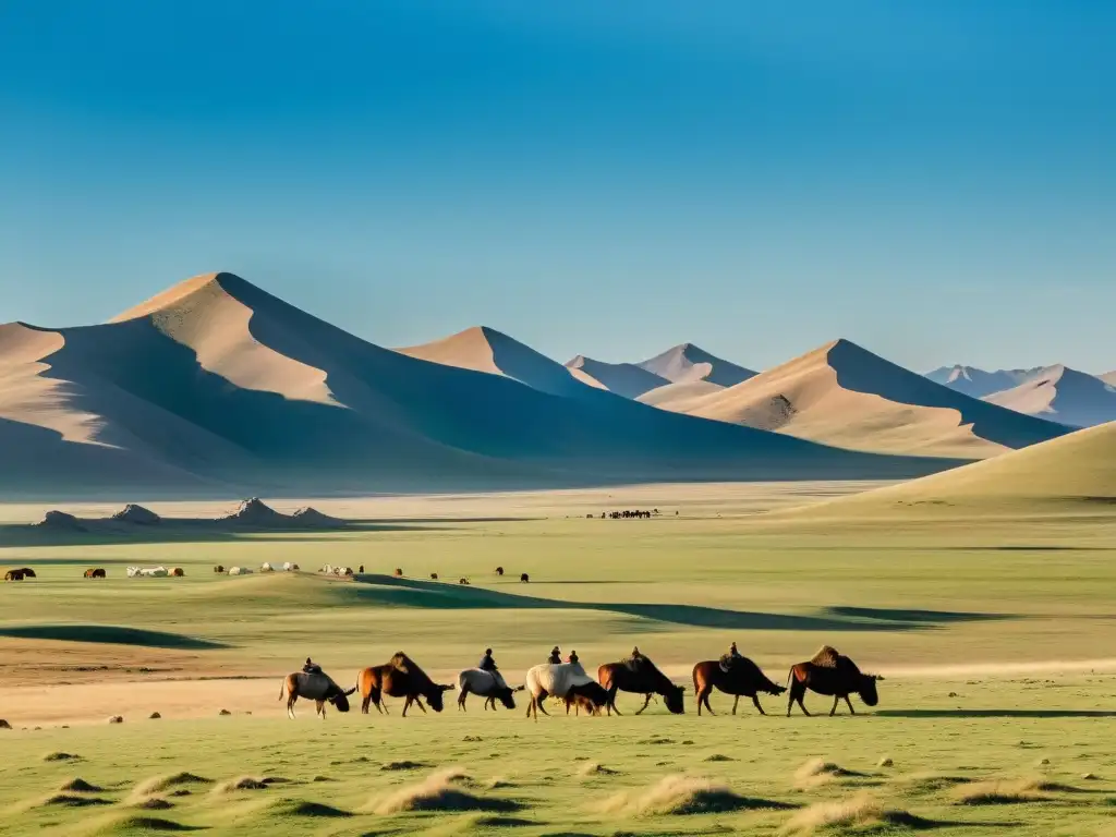 Vasta estepa mongola bajo cielo azul, pastores nómadas yurtas, legado de Genghis Khan Imperio