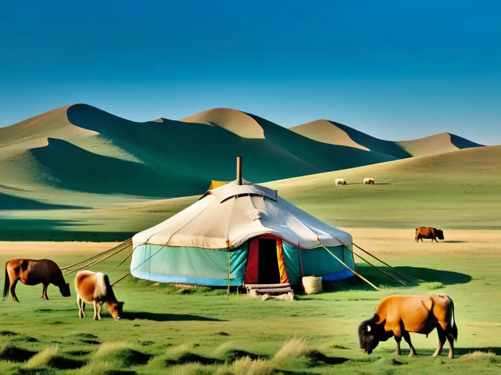 Vasta estepa mongola bajo cielo azul, yurta y vida nómada, reflejo de la asimilación de pueblos sometidos por el Imperio Mongol