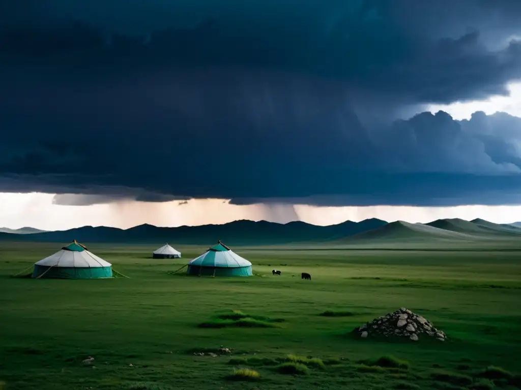 Vasta estepa mongol bajo cielo tormentoso, yurtas dispersas, pastores nómadas