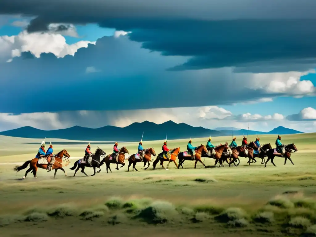 Una vasta y dramática estepa mongola con guerreros a caballo y coloridas banderas