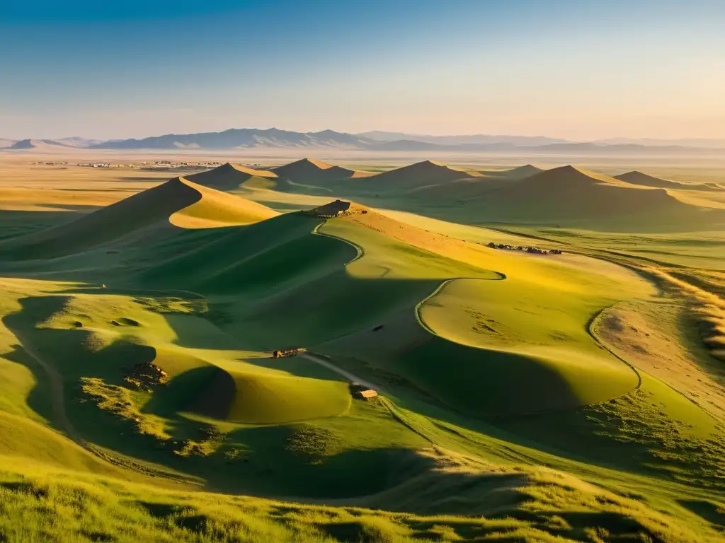 Vasta estepa mongola con equipo de arqueólogos excavando descubrimientos arqueológicos Imperio Mongol en la luz dorada del atardecer