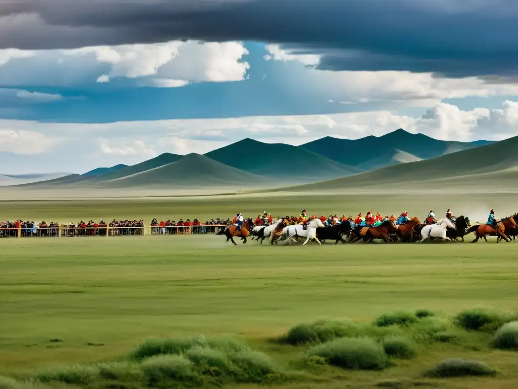 Vasta extensión de estepas mongolas con jinetes en lucha y espectadores, evocando la rica cultura y belleza del paisaje