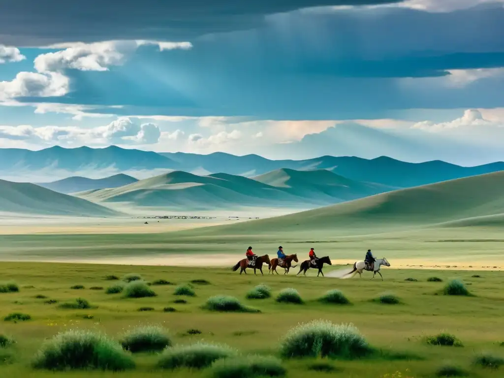 Vasta estepa mongola con familia nómada a caballo, reflejando la historia cultura conquistas Imperio Mongol en un paisaje impresionante