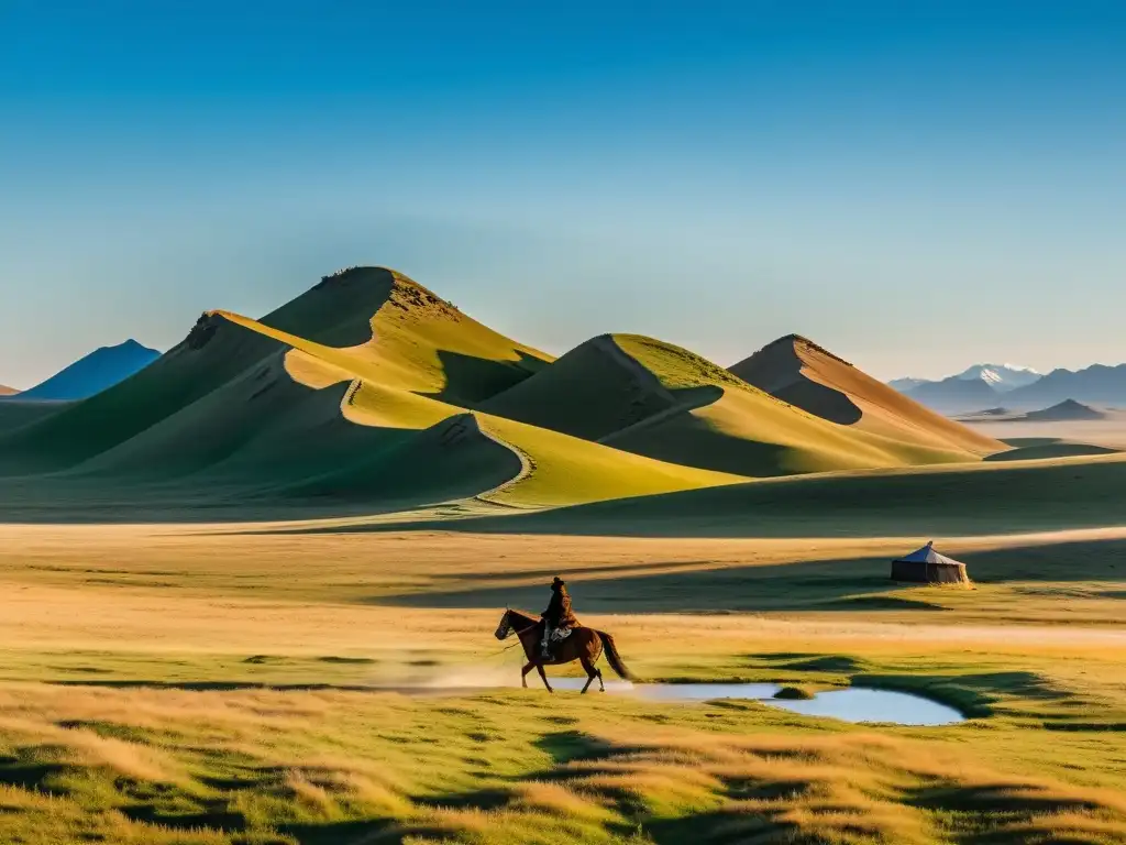 Vasta estepa mongola con yurtas, ganado y figura a caballo bajo cielo azul, conectando con la historia y la fe del Tengrismo y Genghis Khan