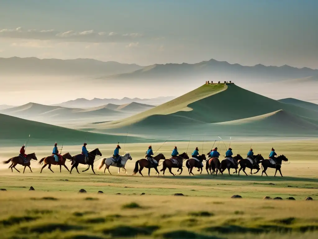 Vasta estepa mongola con nómadas, yurtas y Genghis Khan liderando guerreros en batalla