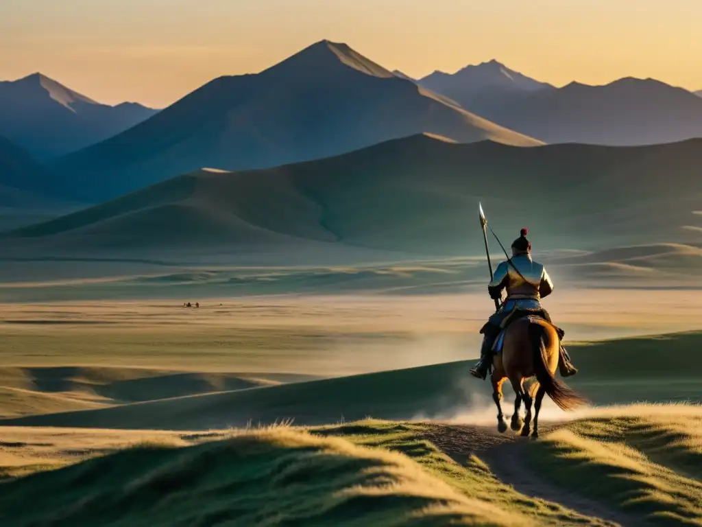 En la vasta estepa mongola al amanecer, un guerrero solitario a caballo mira hacia la batalla clave del Imperio Mongol