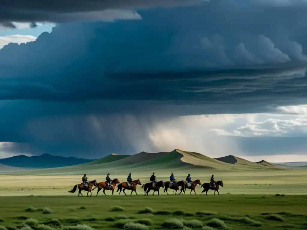 Vasta estepa mongola con guerreros a caballo, bajo un cielo dramático y tormentoso