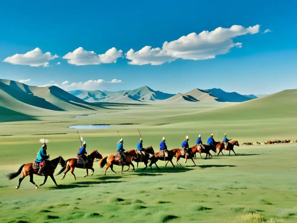 Vasta estepa mongola con guerreros a caballo, capturando la fuerza del Imperio Mongol comparación Genghis Kublai