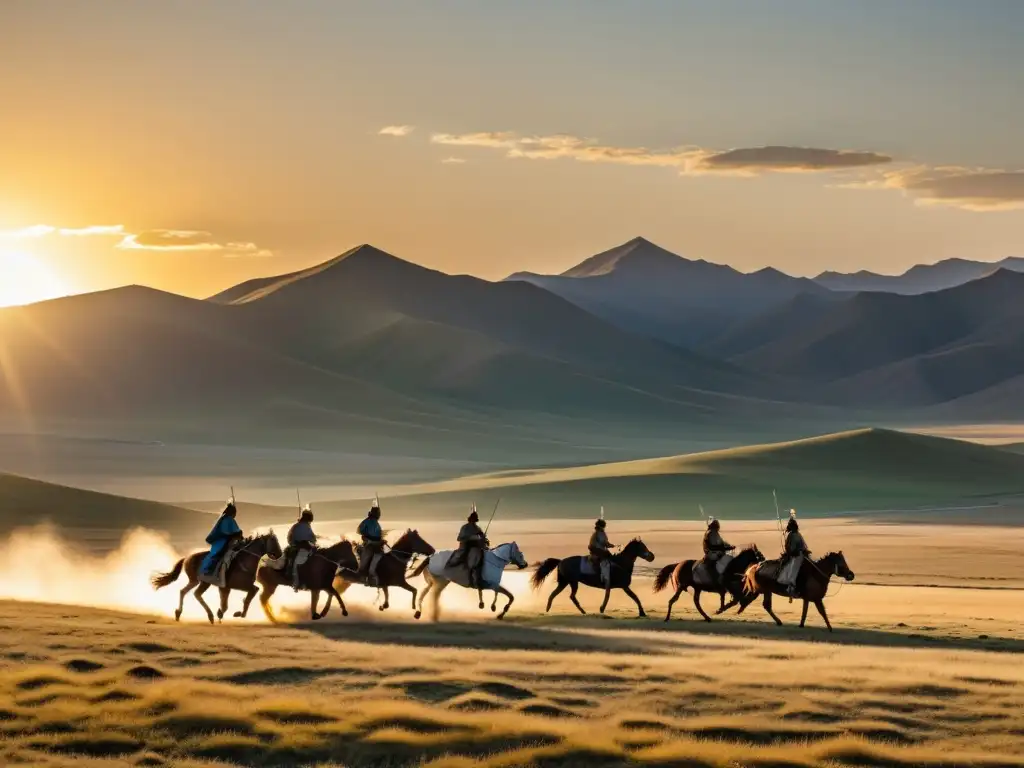 Vasta estepa mongola con guerreros yurts, sol poniente tras montañas