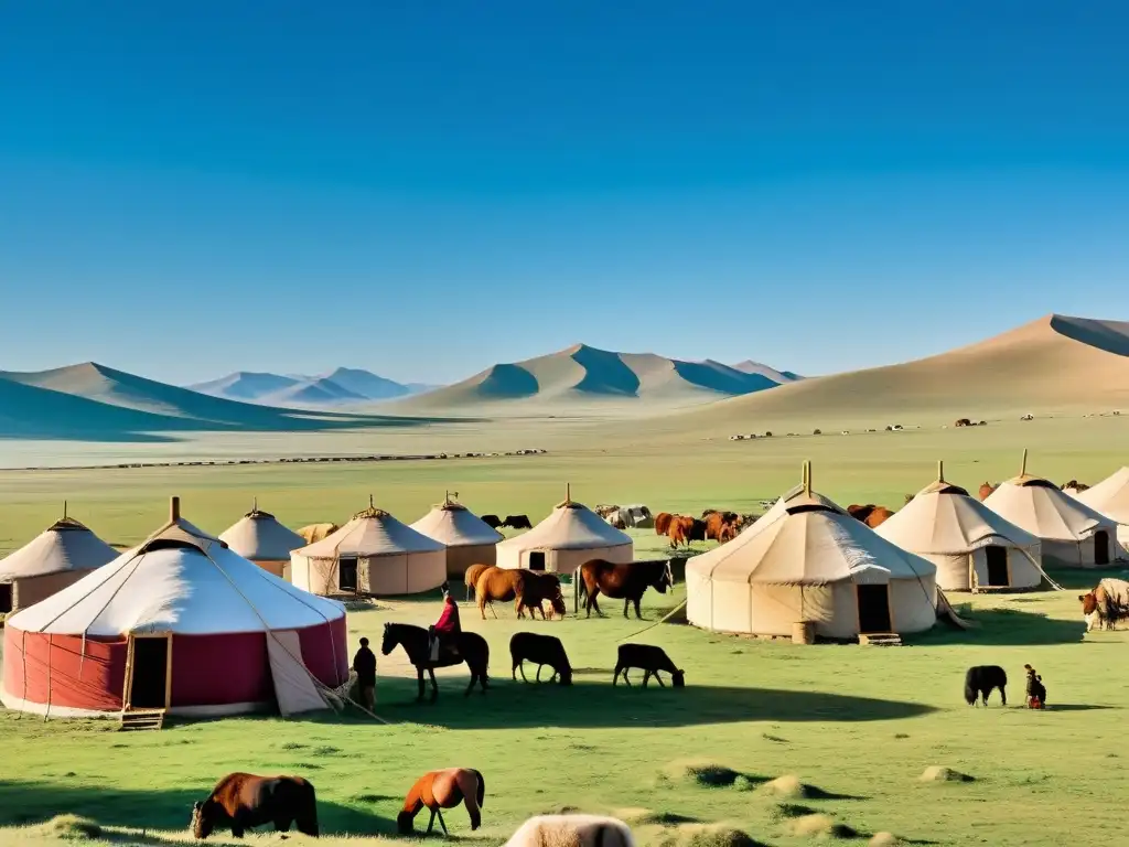 Vasta estepa mongola con herders nómadas en caballos y un mercado bullicioso, reflejando la economía del Imperio Mongol Khanes