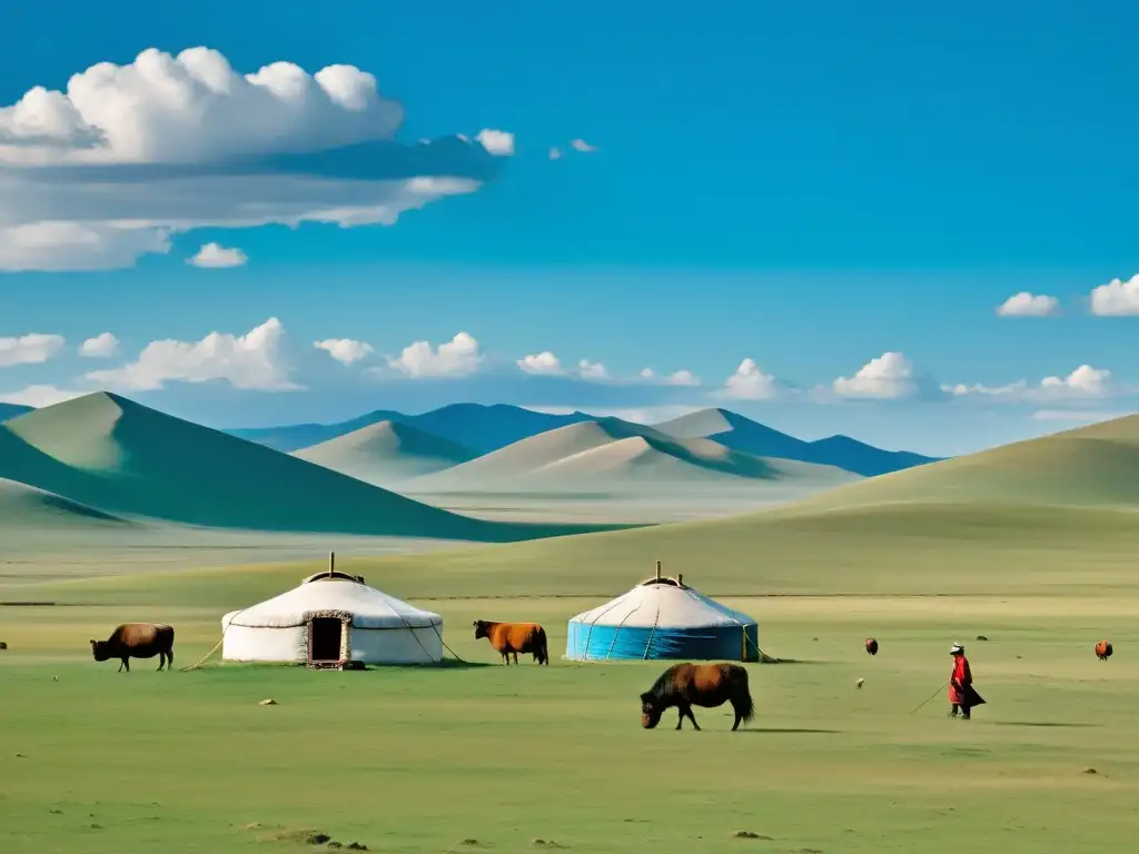 La vasta estepa mongola, con herders nómadas y yurts tradicionales, evoca la grandeza de Gengis Khan y sus interpretaciones cinematográficas