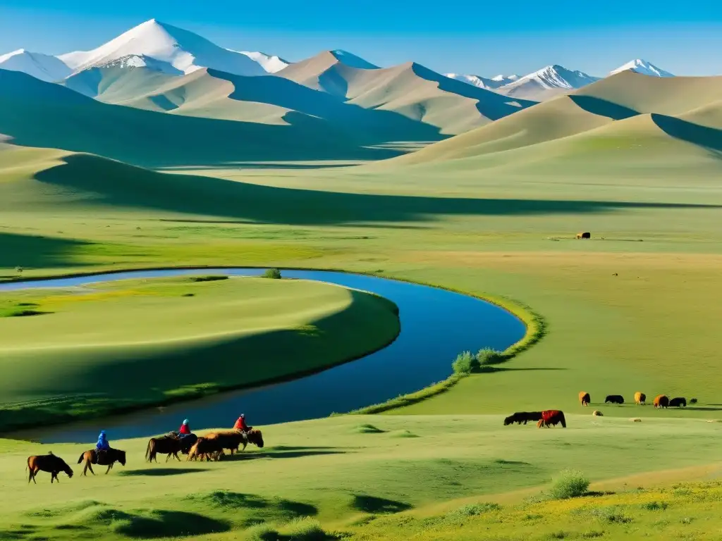 Una vasta y hermosa estepa mongola con pastos verdes y flores silvestres