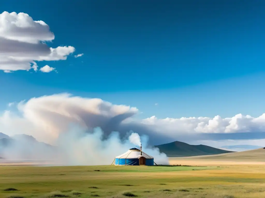 Una vasta y hermosa estepa mongola, con una solitaria ger entre las colinas y jinetes a lo lejos